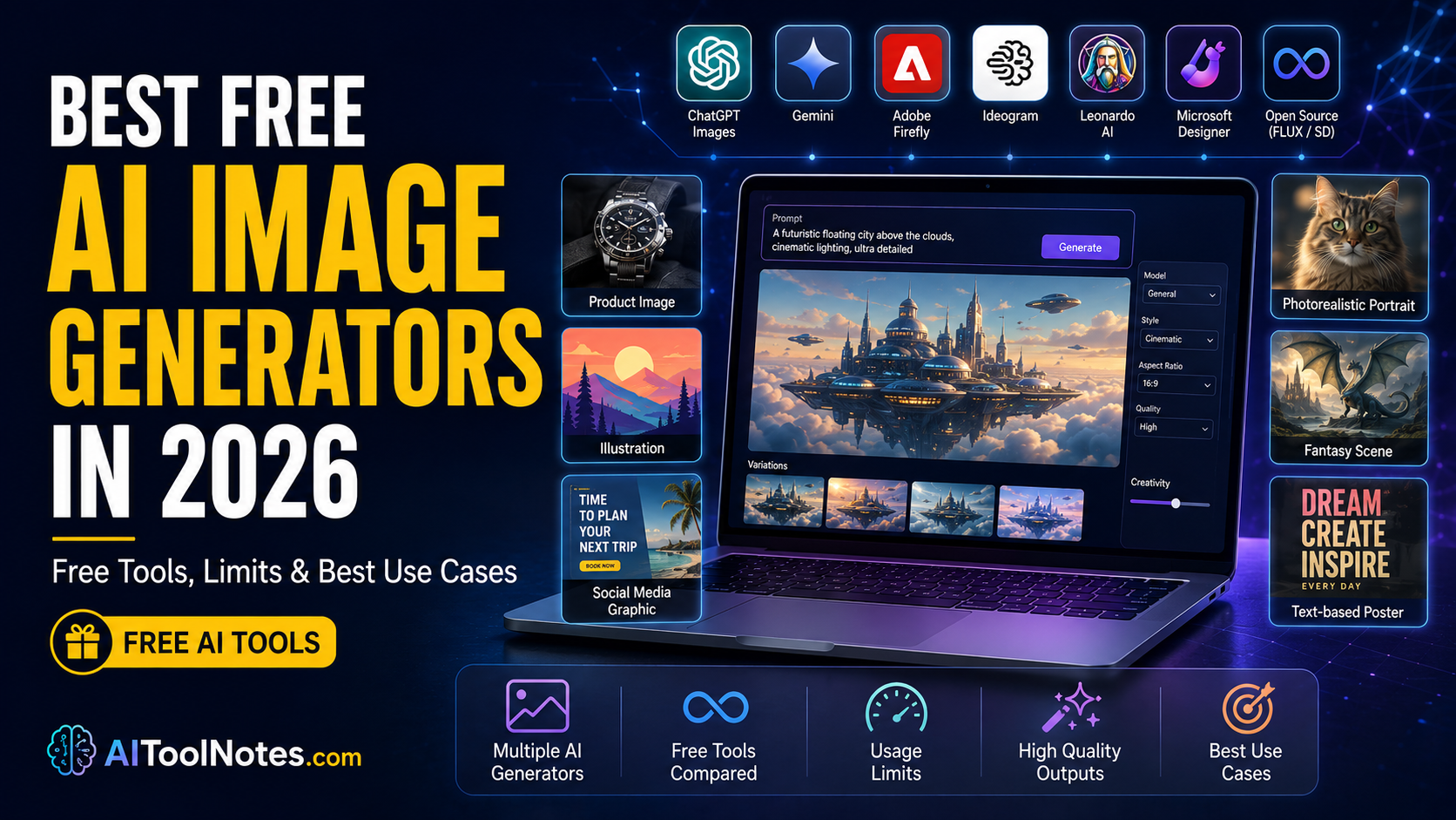 Best free AI image generators in 2026 compared by image quality, free limits, features, and best use cases.